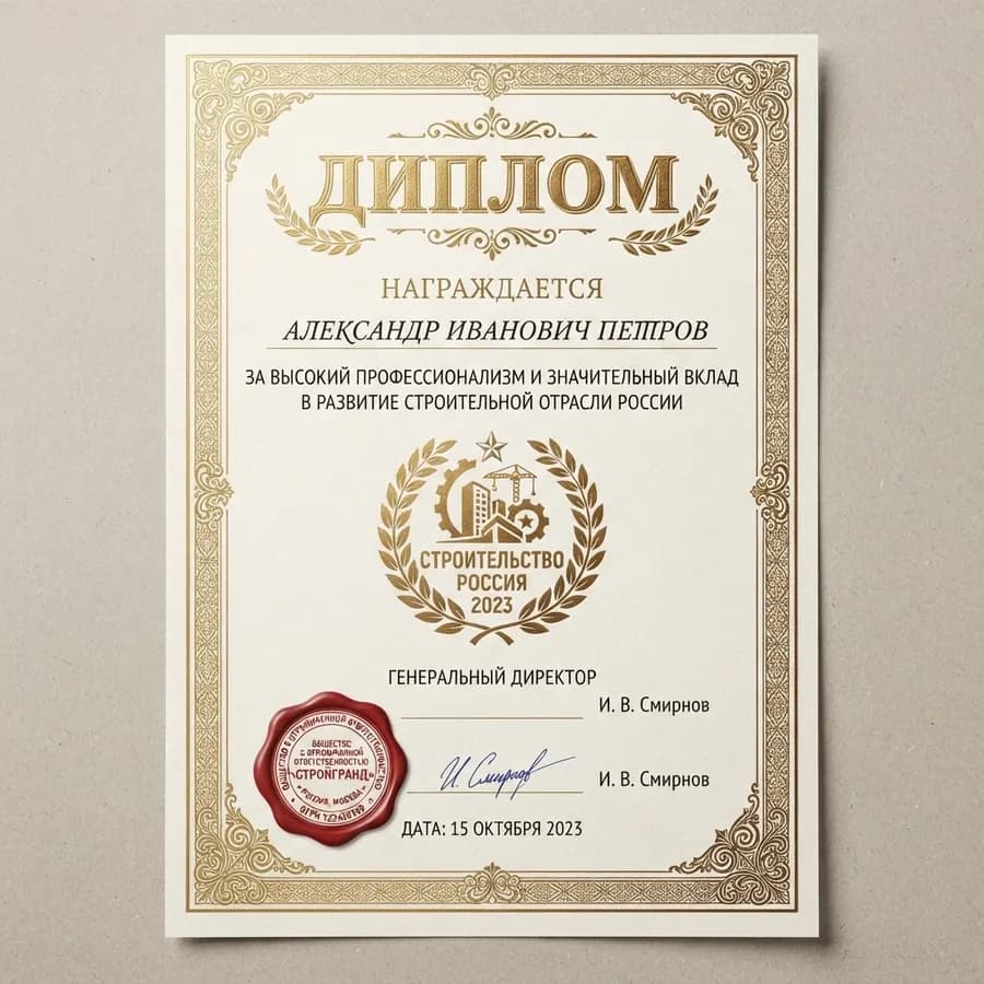 Диплом за качество строительных работ