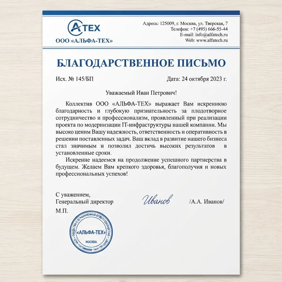 Благодарственное письмо