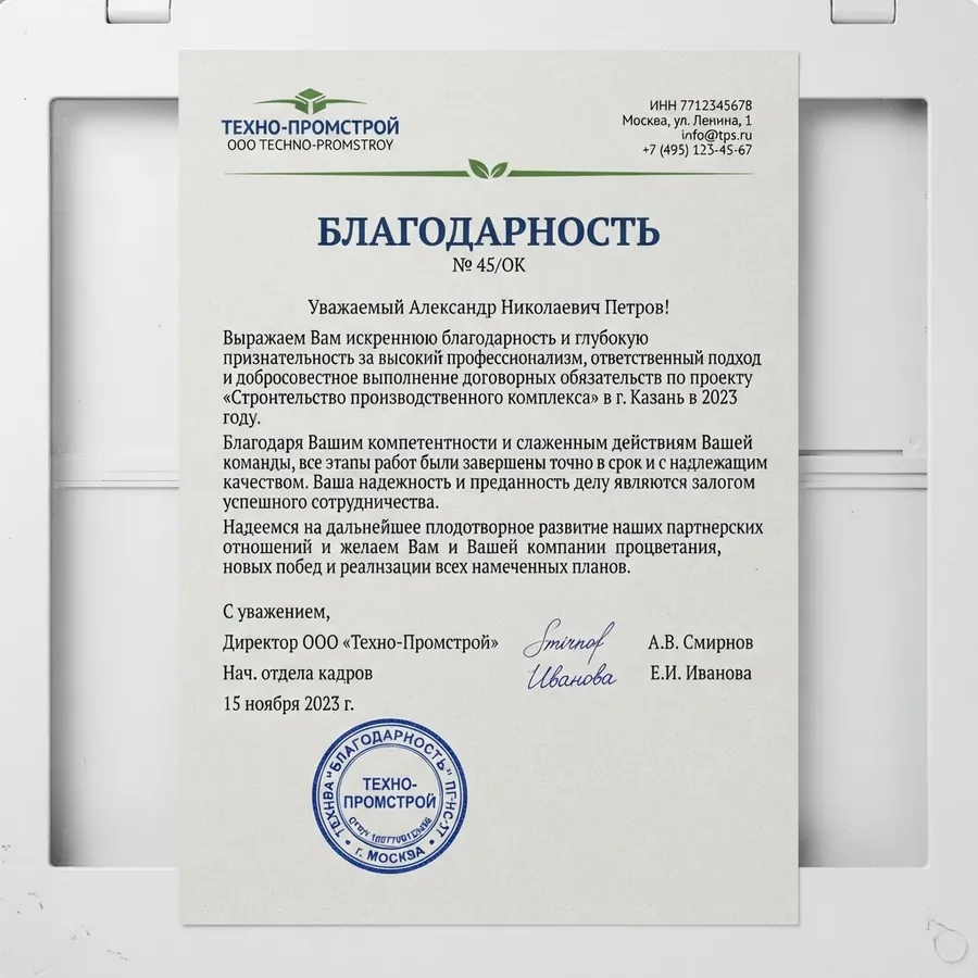 Благодарность за выполненные работы